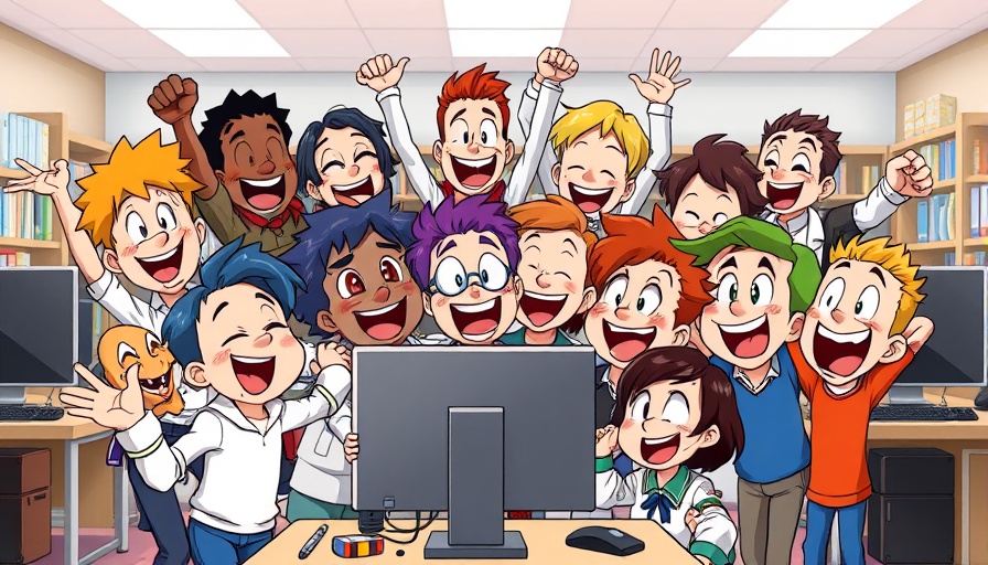 Cartoon group excitedly filing income taxes for free on computer.