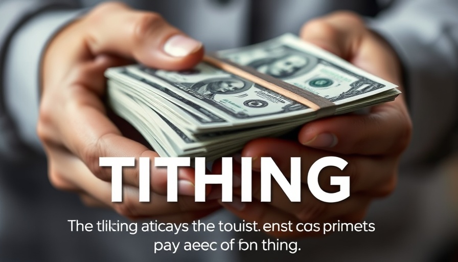 Tithe on Business Income: Hands counting money with text overlay.