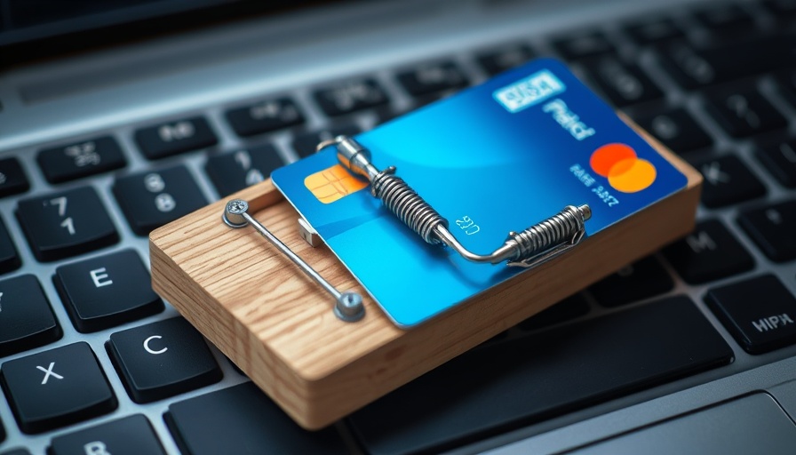 Credit card on mousetrap symbolizes debt traps on a keyboard.