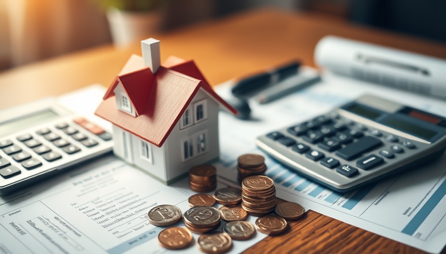 Affordable mortgage guidelines with financial planning scene, coins, house model, calculator.