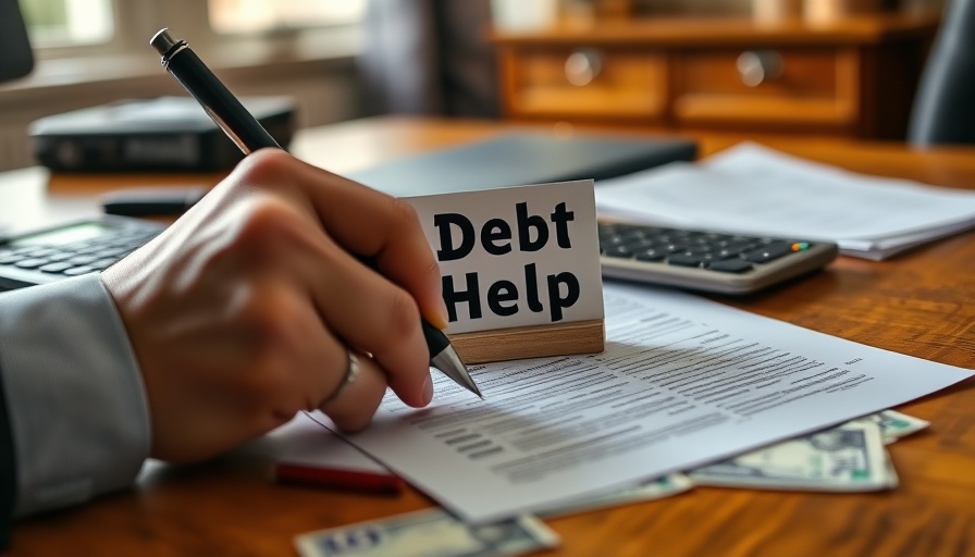 Financial stress concept with 'Debt Help' sign and documents.