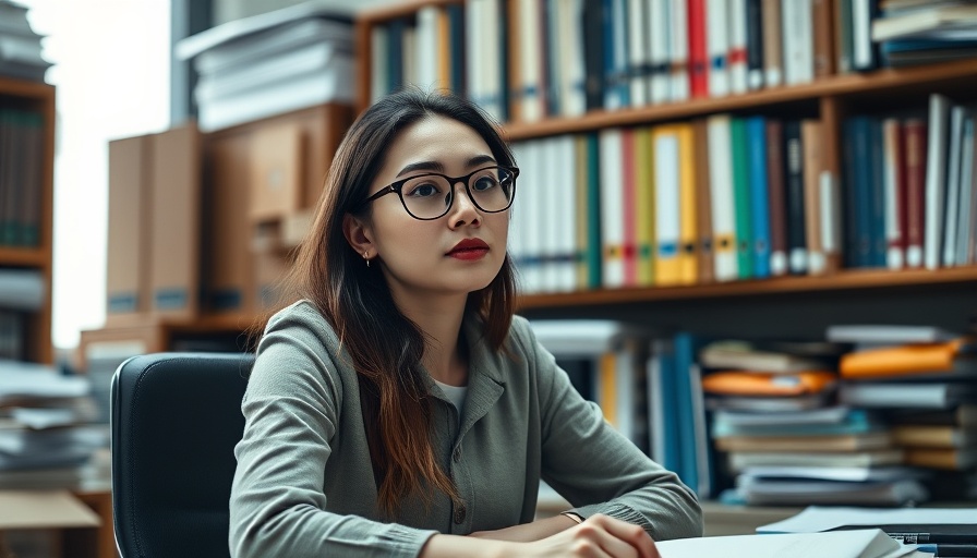 Thoughtful woman organizing finances at cluttered desk, photorealistic.