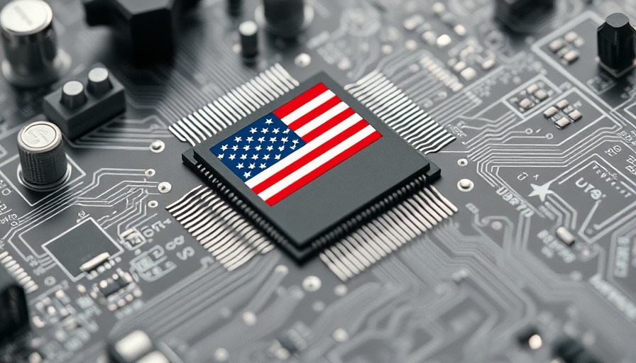 Circuit board with US flag chip symbolizing tariffs and AI revolution in the US.