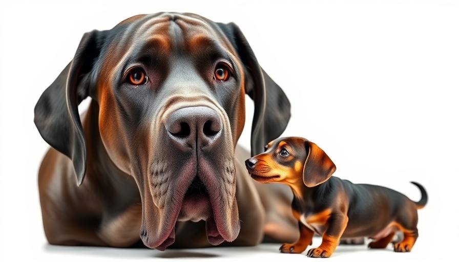 Great Dane and Dachshund showcasing size contrast like small caps vs large caps.