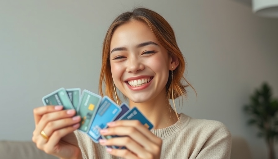 Smiling young woman with credit cards showcasing debt relief confidence.