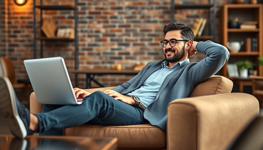 Relaxed professional working on laptop in cozy office with brick wall.