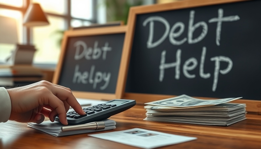 Identifying Too Much Debt: hand calculating finances with 'Debt Help' sign and money.