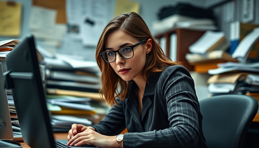 Woman organizing finances at a cluttered office desk.
