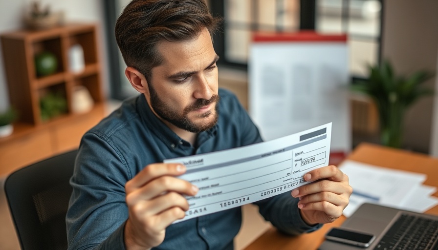 Thoughtful person holding paycheck, planning finances with laptop.