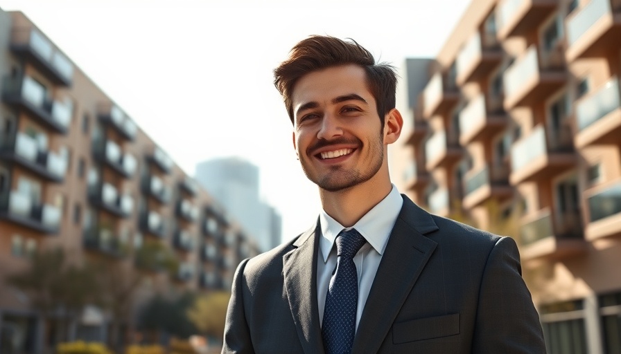 Financial Freedom in 6 Years Buying Rentals: Man in front of modern apartments