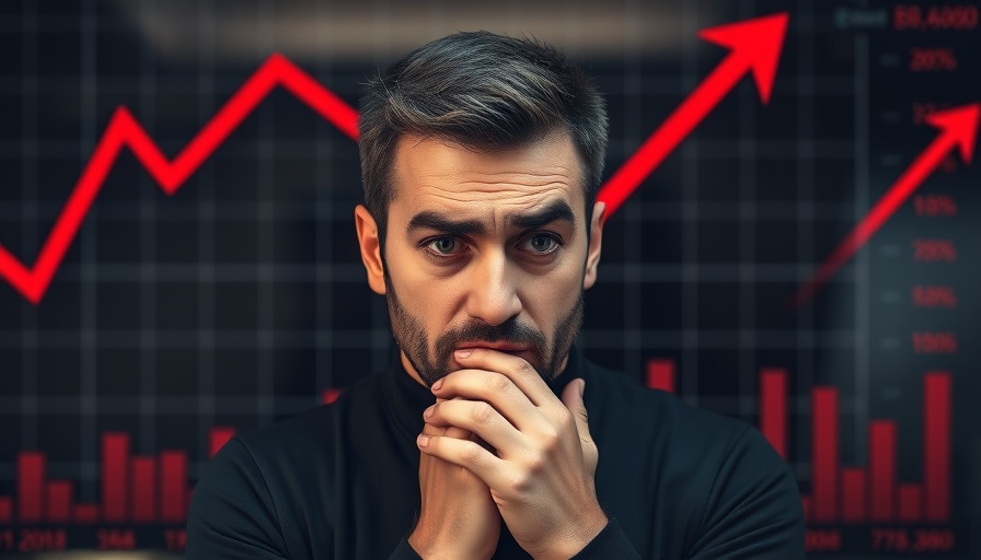 Anxious man in front of declining economic graph, showing distress over mortgage rates.