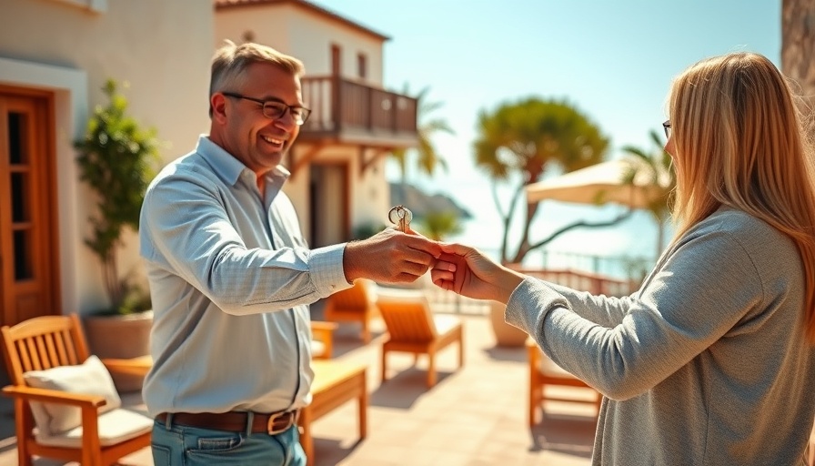 Smart financing for short-term rentals illustrated by people exchanging keys outdoors.