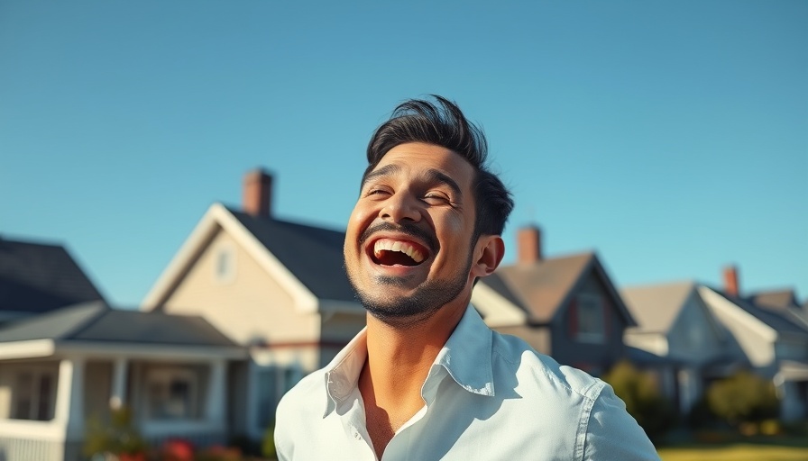 Financial independence concept with smiling man and houses.