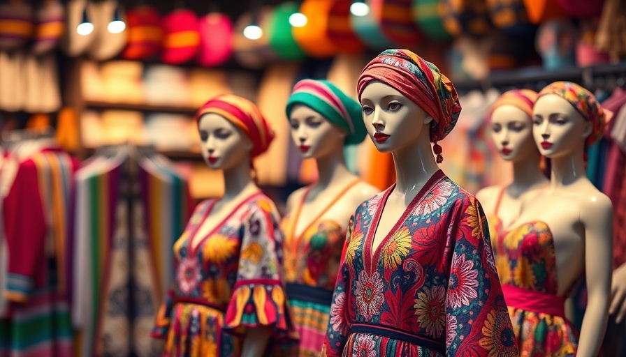 Colorful mannequins display local fashion, capturing vibrant shopping experience.