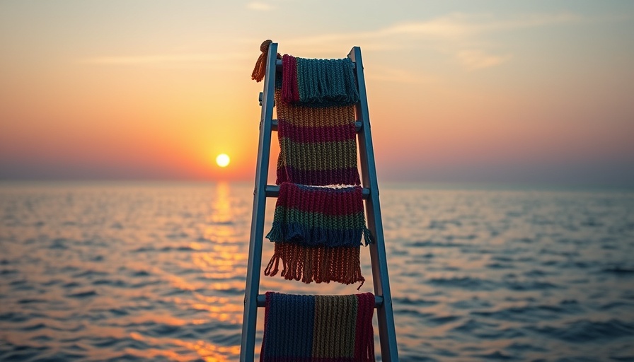 Colorful ladder with text about hand-me-downs at sunset beach.