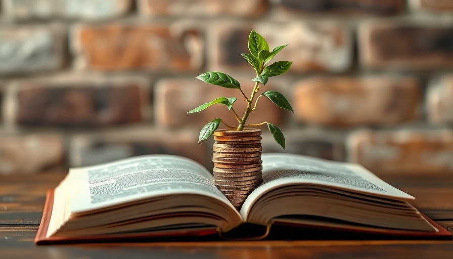 Green plant on coins and book symbolizing 401(k) growth.