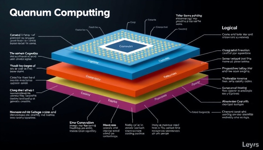 Illustration of quantum computing layers and qubits in finance context.