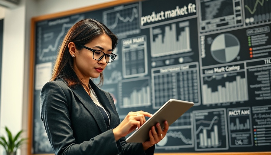 Businesswoman in front of chalkboard analyzing data product market fit.