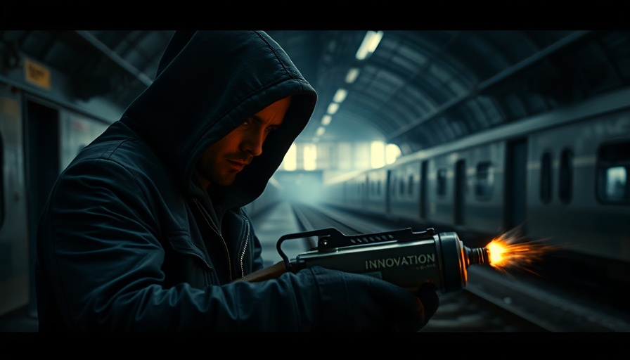 Mysterious figure threatening innovation in finance on dim train tracks.