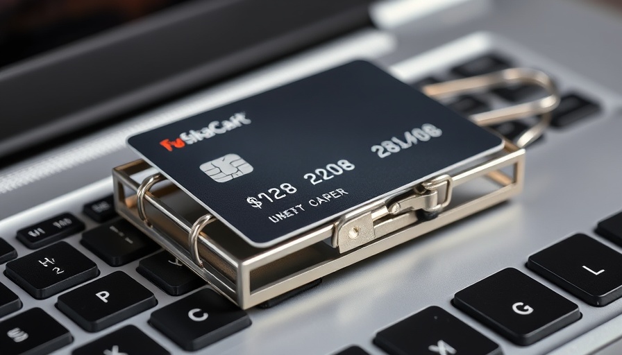 Credit card debt traps depicted with card on mouse trap on keyboard.