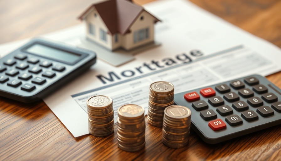 Mortgage planning scene with documents, coins, and model house.