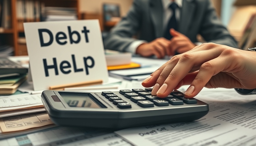 Hand calculating finances with 'Debt Help' sign, addressing carrying too much debt.