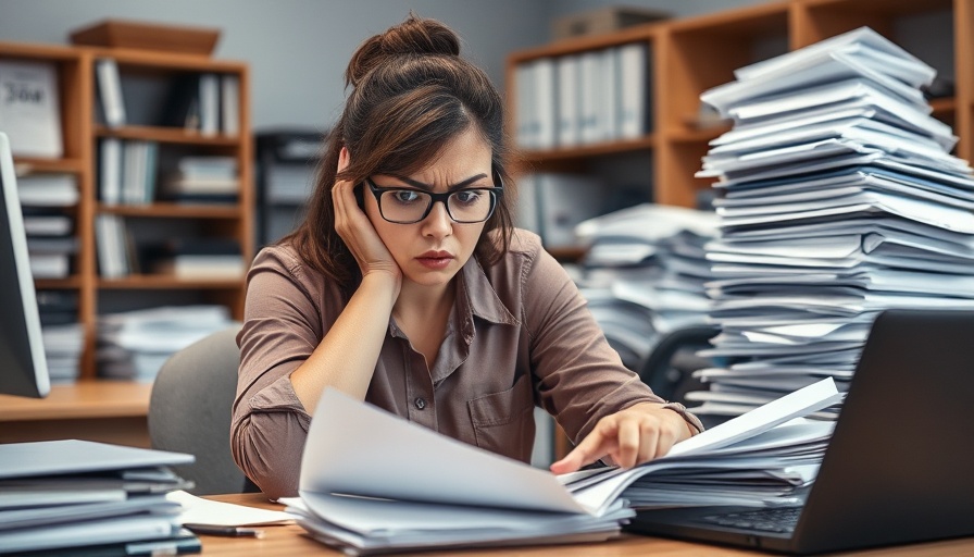 Frustrated woman organizing finances at cluttered desk, office.