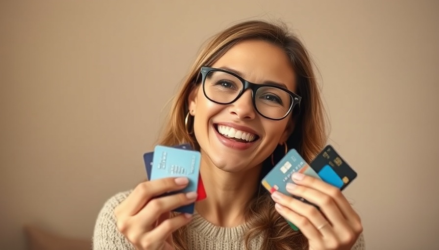 Smiling woman holding credit cards, symbolizing debt relief.