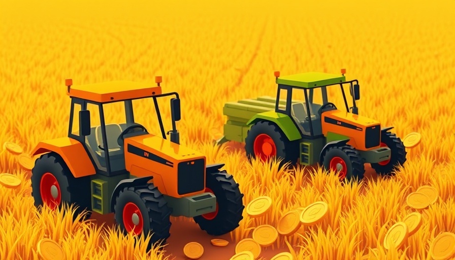 Cartoon tractors harvesting coins symbolizes tax loss harvesting benefits.