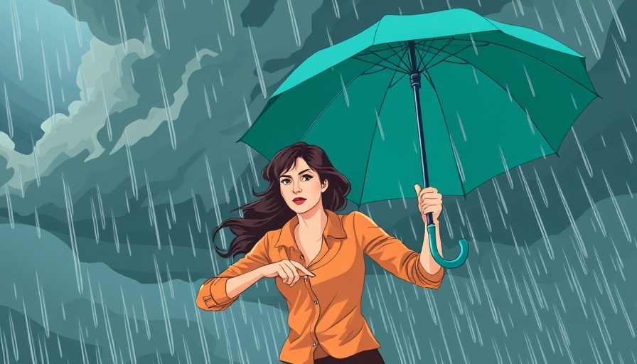 Illustration of a woman battling strong wind with an umbrella, symbolizing market volatility investment strategies.