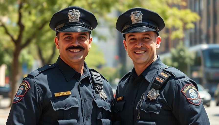 Loan options for police officers, confident police officers smiling in city setting.