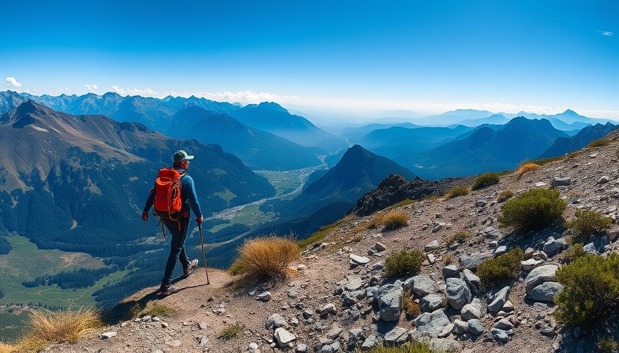 Hiker descending mountain trail with outdoor gear, showcasing best places to sell used outdoor gear.