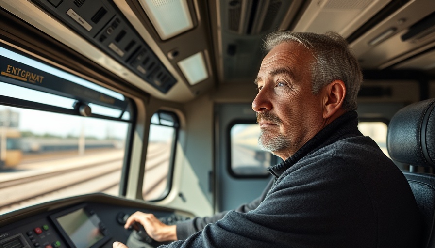 Train driver in a cockpit operating controls, bright day.