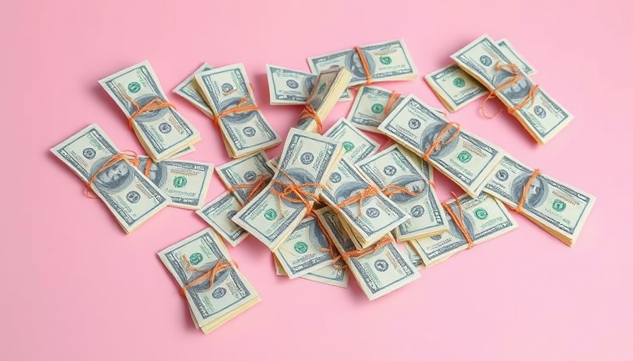Scattered money bundles on pink background for no spend challenge