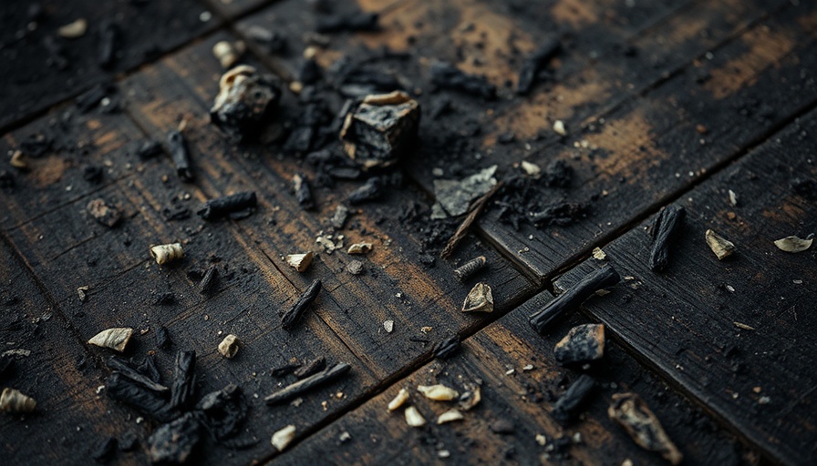 Charred wooden floor with debris, highlighting fire safety concerns.