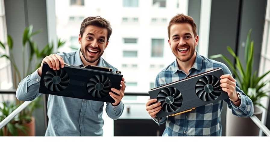 Enthusiastic men holding GPUs on a balcony for AI training.