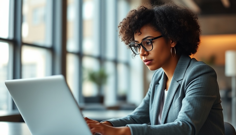 Professional woman focused on laptop in a modern office, illustrating a balanced budget concept.