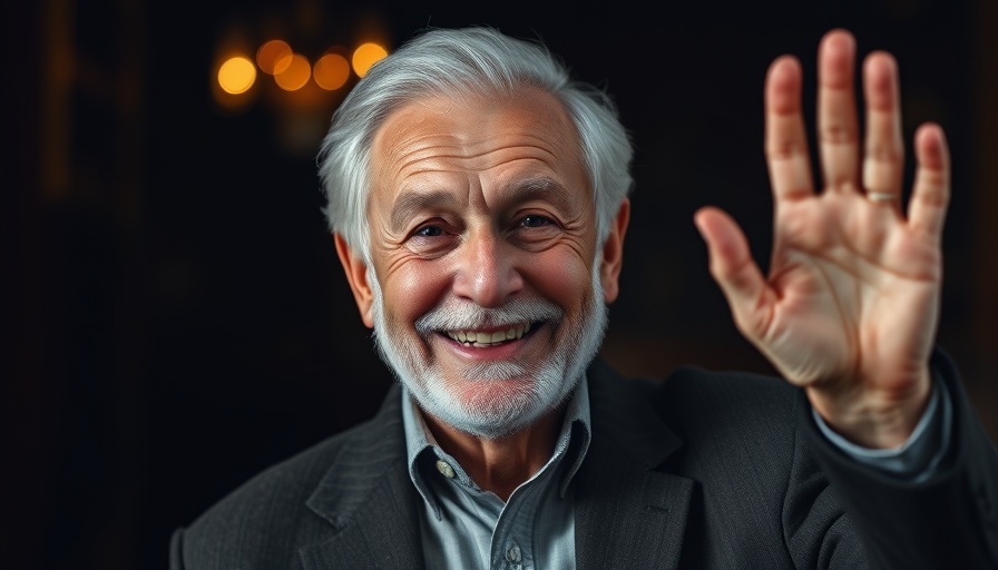 Elderly man smiling and waving, capturing Buffett's Alpha insights.