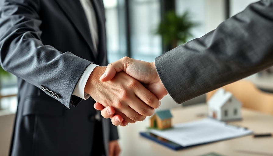 Handshake between professionals in office with model house, buy-to-let mortgage broker.