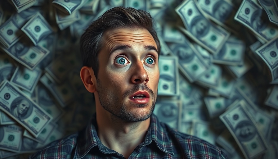 Contemplative man amidst dollar bills for recession investment.