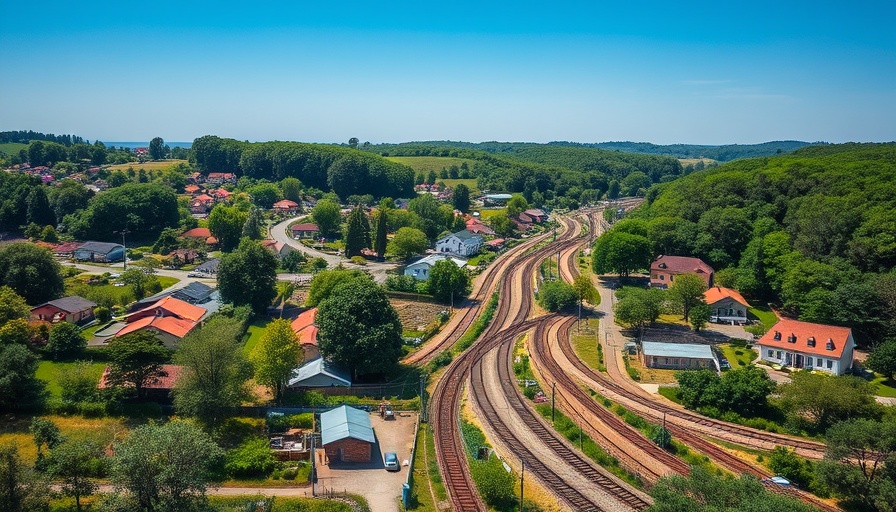 Aerial view of a commuter village under a clear blue sky.