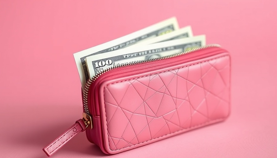 Pink wallet with cash, representing $6,000 a month income.