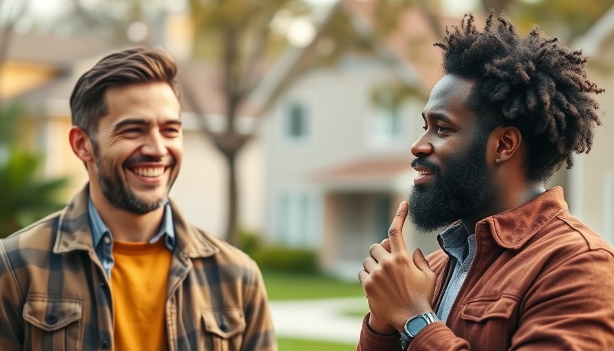 Two men discuss record price cuts in housing market, diverse expressions.