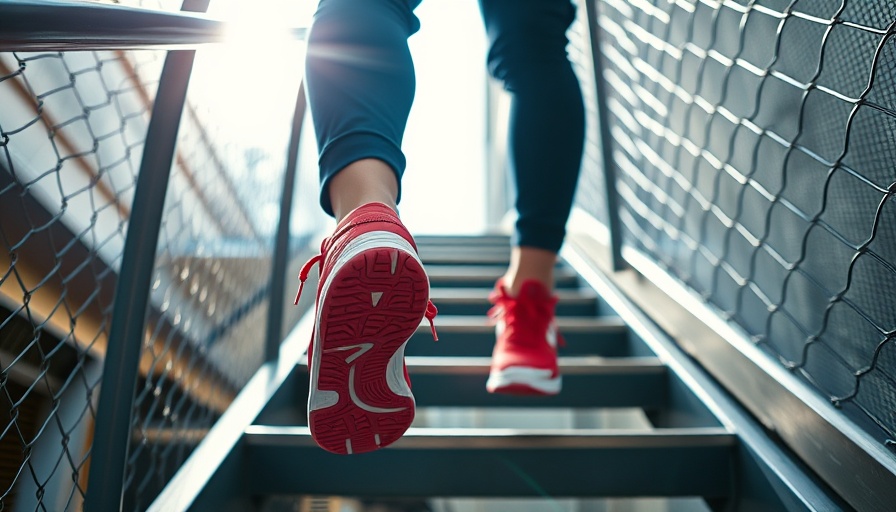 Person in red sneakers ascending stairs, saving money on extracurricular activities.
