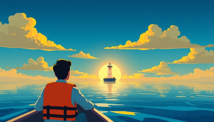 Navigating investments safely during market volatility illustrated by a person in a boat heading toward a lighthouse.