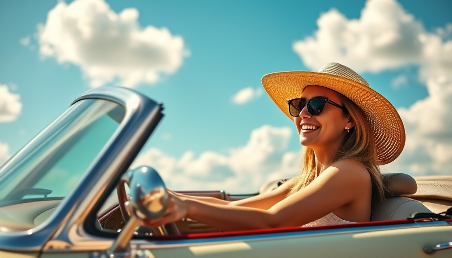 Woman smiling in convertible car, sunny day, refinance your car loan.