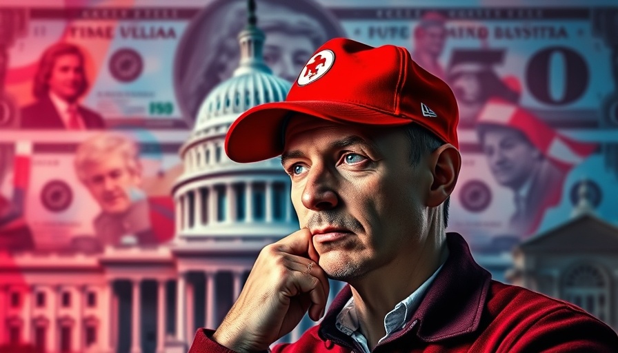 Elon Musk's Dogecoin achievements depicted with a man in a red hat in front of Capitol.