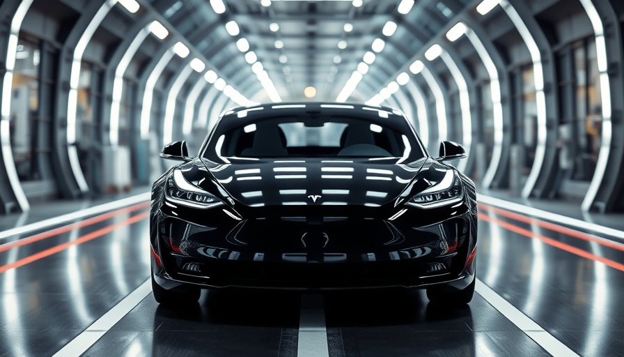 Sleek black Tesla Model Y in high-tech factory tunnel; Elon Musk pay structure.