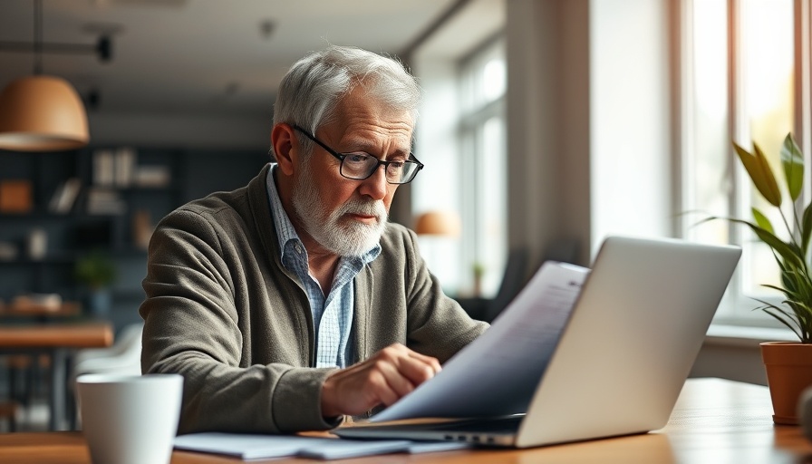 Elderly man reviewing financial documents on laptop related to collective defined contribution pension schemes.