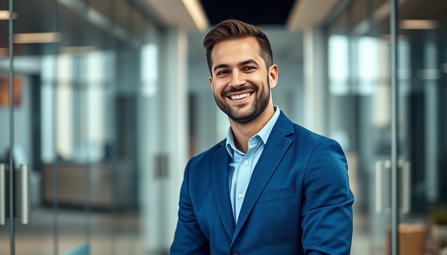 Confident businessman smiling in a modern office environment, related to UK buy-to-let rental yields.